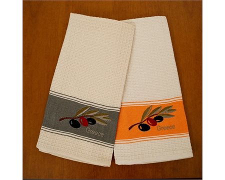 Branch of Olive Beige machine-embroidered with olive green & orange stripe cotton pique hand towels Set of 2 pieces 45cm x 70cm