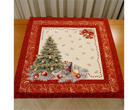 Καμπάνες-Χριστουγεννιάτικο Δέντρο Κόκκινο Τραπεζομάντηλο Τετράγωνο Ταπισερί-Στόφα 100cm