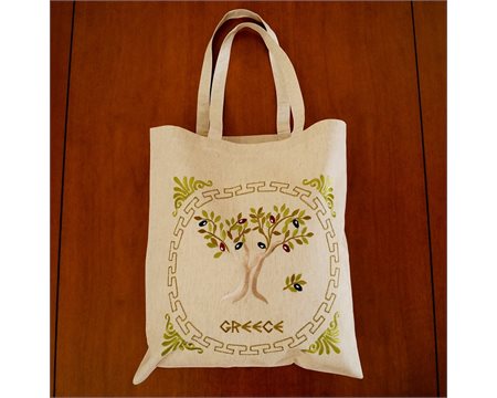 Greek Key-Olive Machine-embroidered textile shopping bag 41cm x 43cm
