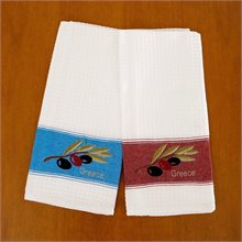 Branch of Olive Machine-embroidered pique white with red & blue stripe hand towels Set of 2 pieces 45cm x 70cm