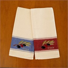 Branch of Olive Beige machine-embroidered with red & blue stripe cotton pique hand towels Set of 2 pieces 45cm x 70cm