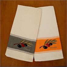 Branch of Olive Beige machine-embroidered with olive green & orange stripe cotton pique hand towels Set of 2 pieces 45cm x 70cm