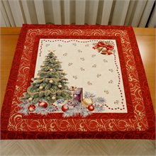 Καμπάνες-Χριστουγεννιάτικο Δέντρο Κόκκινο Τραπεζομάντηλο Τετράγωνο Ταπισερί-Στόφα 100cm